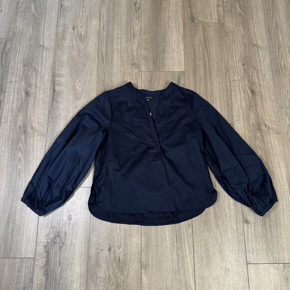 Madewell V-Neck Long-Sleeve Top SZ S Deep Indigo Pleated Sleeve Stretch Pullover - Picture 4 of 9